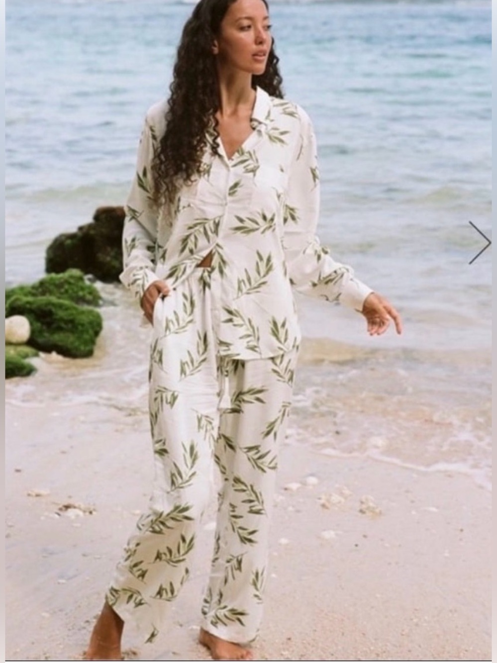Piyama Marlon Leaf Print Cotton Pajama Set in Cream and Olive Medium Shirt/Pant - Picture 1 of 11